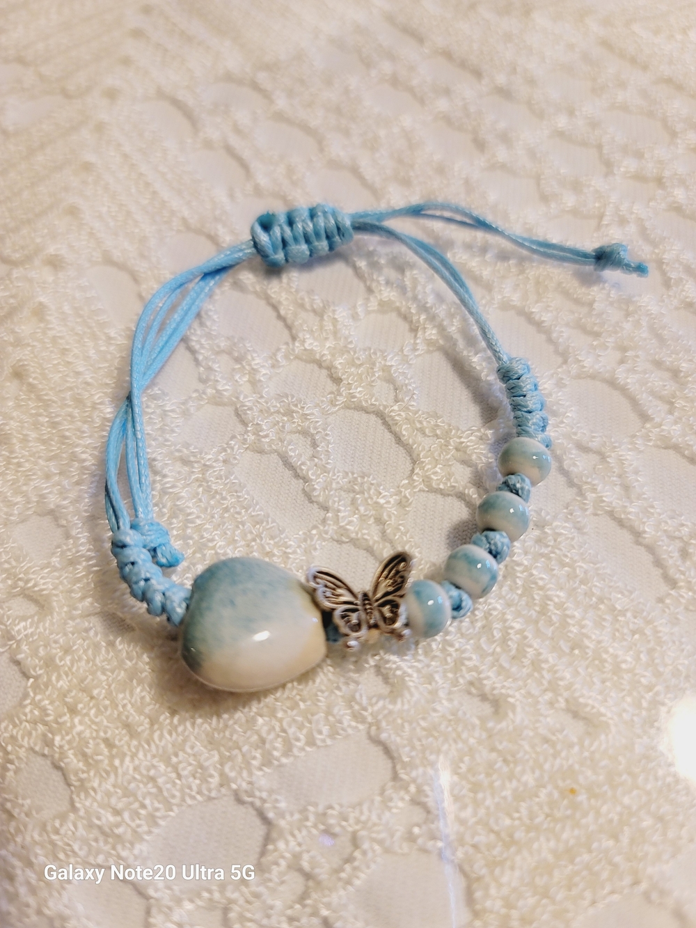 Blue Ceramic Heart & Butterfly Beaded Adjustable Bracelet